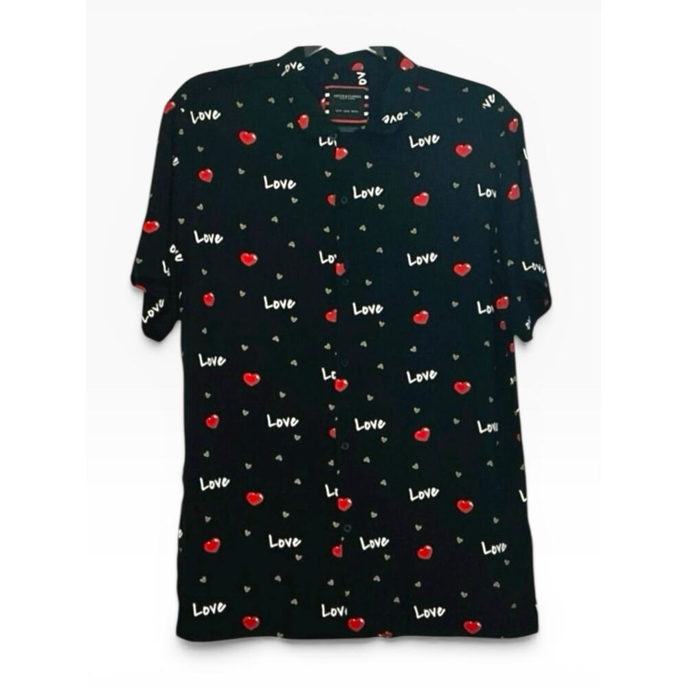 Denim & Flower Ricky Singh Love Hearts Black Short Sleeve Button Down Shirt M